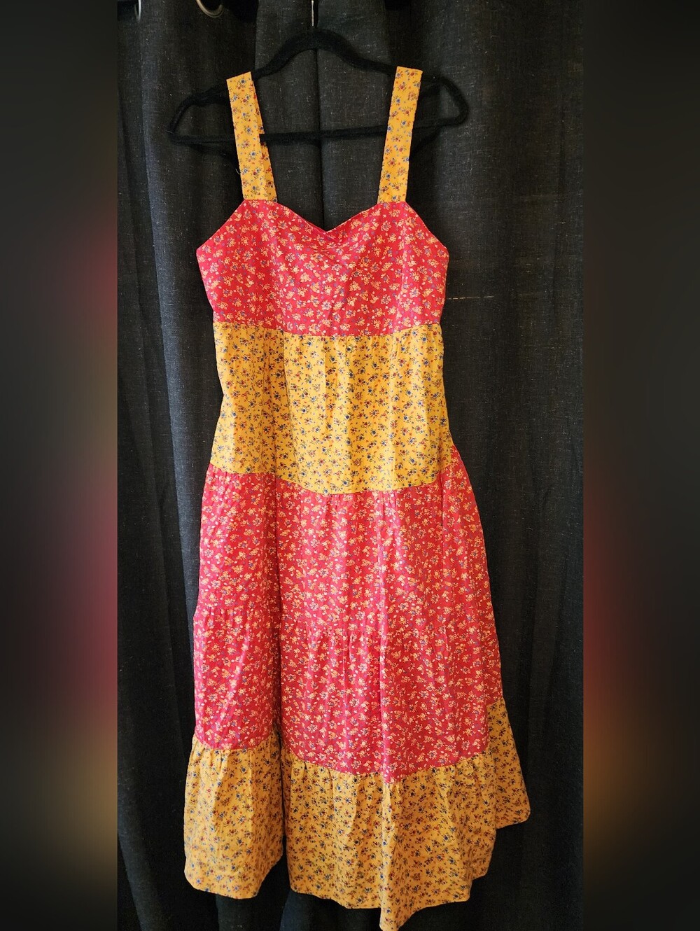 Madewell Floral Tiered Midi Dress Yellow Red Patchwork Boho Summer Size 6